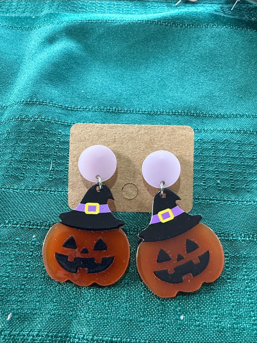 Halloween Pumpkin Witch Hat Drop Earrings - Orange